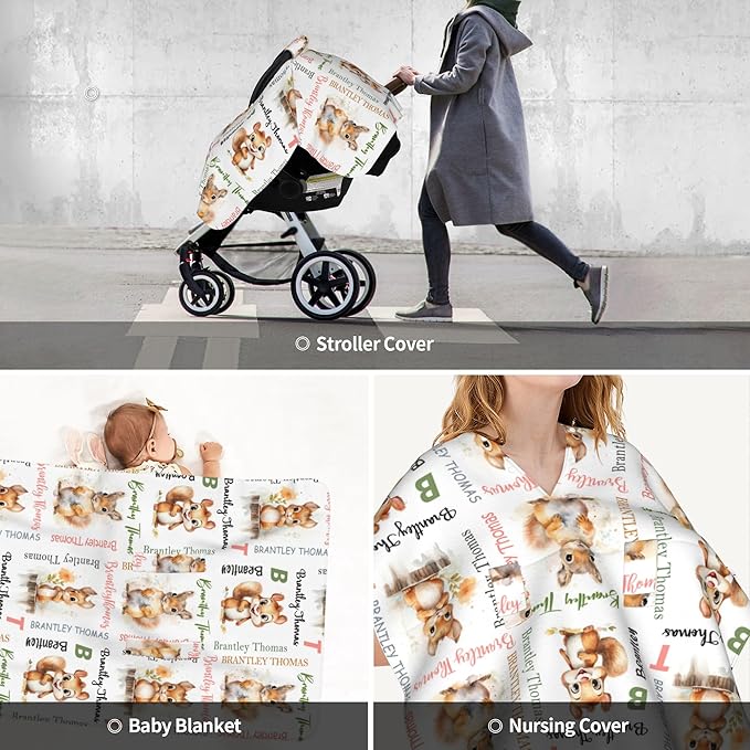 Personalized Winter Baby Car Seat Cover with Name Squirrel Winter Car Seat Cover for Baby Seat or Stroller Custom Infant Car Seat Covers Minky Blankets Nursing Cover Breastfeeding Scarf