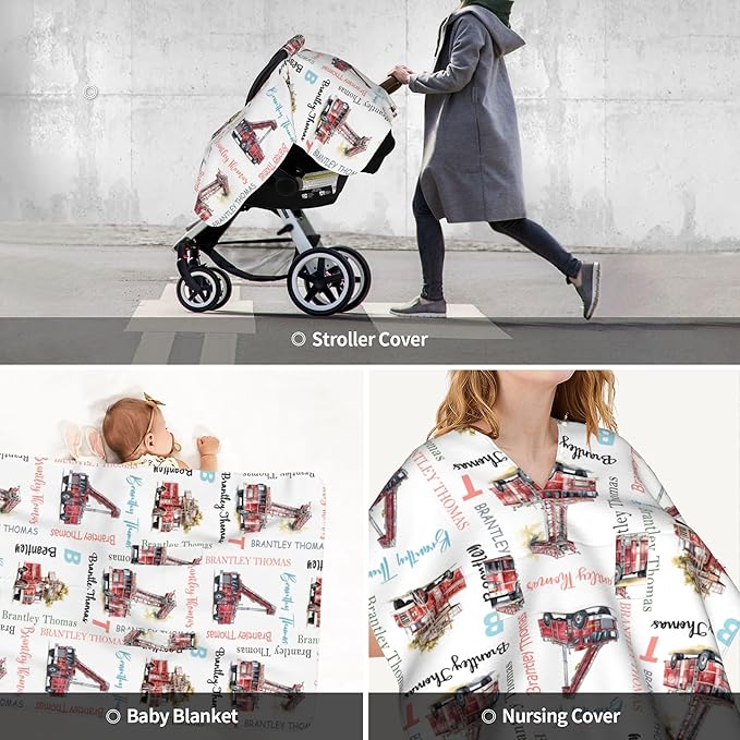 Custom Baby Car Seat Canopy Personalized Car Seat Covers with Name for Baby Boys Girls Customized Fire Truck Nursing Breastfeeding Cover Infant Carseat Canopies Newborn Minky Baby Blanket