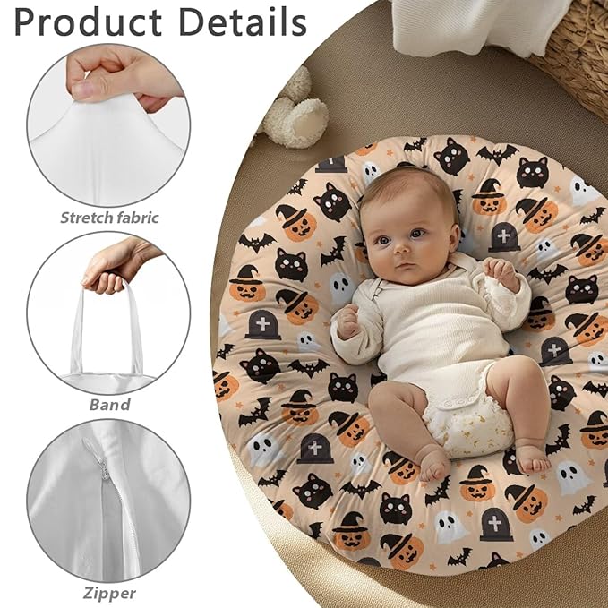 Pumpkin Cats and Bat Newborn Lounger Pillow Cover Removable Soft Comfortable Slipcover for Infant Lounger Pillow Cover Easy to Use and Dustptoof
