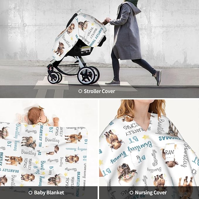 Custom Baby Car Seat Canopy Personalized Car Seat Covers with Name for Baby Boys Girls Customized Buffalo Nursing Breastfeeding Cover Infant Carseat Canopies Newborn Minky Baby Blanket