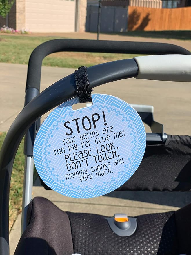 (Three Little Tots) No Touching baby Car Seat and Stroller TWO PACK- Baby Safety No Touching Car Seat Sign, Stroller Sign, Newborn Car Seat Tag- CPSIA Safety Tested (Blue Mommy/Woodlands)