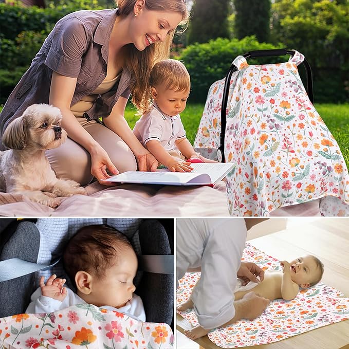 Metplus Car Seat Cover Baby Girl, 100% Muslin Cotton Infant Carseat Covers, Lightweight Breathable Car Seat Canopy, Summer Stroller Sun Shade, Newborn Travel Essentials (Colorful Flower)