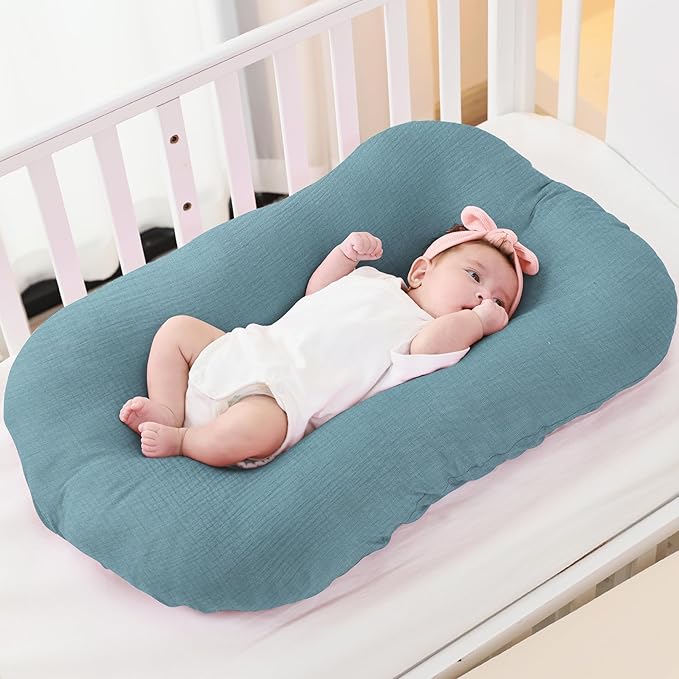 FUNUPUP Muslin Baby Lounger Cover Compatible with Snuggle Me Lounger, Infant Lounger Pillow Cover for Newborn, Removable Newborn Lounger Cover for Boys and Girls, Only Cover, Grey & Blue