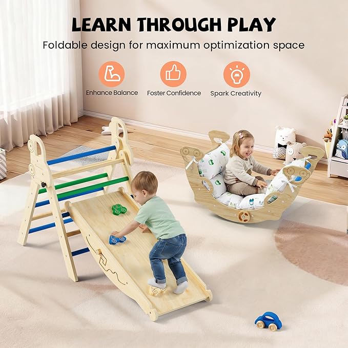 Pikler Triangle Climbing Set with Cushion, Foldable Climbing Toys Indoor, Montessori Toddler Gym, 10-in-1 Climber & Playground, Gift for Christmas, Birthday, New Year (Glacier Lake)