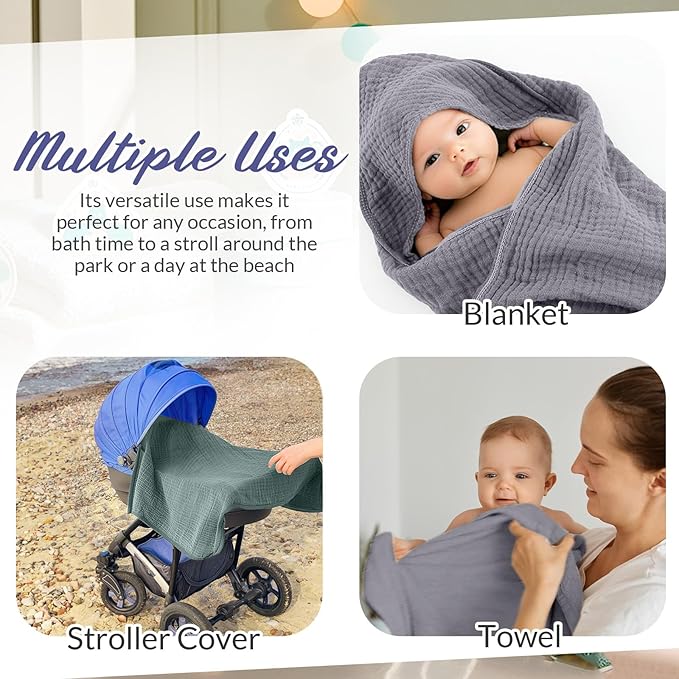 Hahafelt 6 Pcs Muslin Hooded Bath Towels Washcloths and Bibs Set, Muslin Cotton Baby Towels Absorbent Hooded Blanket Towel Infant Bibs for Boys Girls Newborn Infant Essential(Gray, Green)