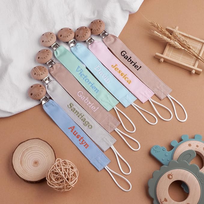 TYRY.HU Personalized Pacifier Clip with Name, Embroidery Pacifier Holder for Baby Girls and Boys, Neutral Binky Clips Universally Fit All Pacifiers, Baby Gift, 2 Pack(Blue,Light Blue)