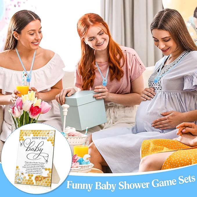 Geetery 51 Pcs Don't Say Baby Game Sign Cool Baby Shower Game 50 Pacifier Necklace Wooden Don't Say Sign Plastic Pacifier Party Favor for Gender Reveal(Bee,Blue)