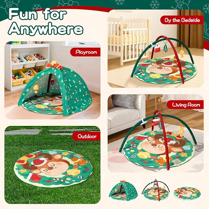 Christmas Baby Play Gym Mat, Softer Tummy Time Mat with 6 Detachable Toys for Sensory & Motor Skill Development, Activity Mat for Newborn Essentials Shower Gift, Oeko-TEX Certified
