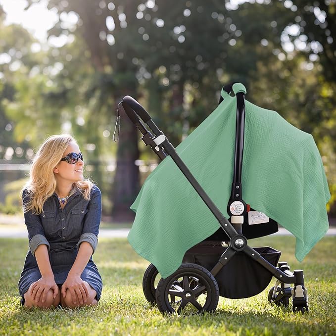 Metplus Muslin Car Seat Cover for Babies, 100% Cotton Breathable Infant Carseat Canopy for Summer, Lightweight Stroller Sunshade Covers for Newborns(Moss Green)