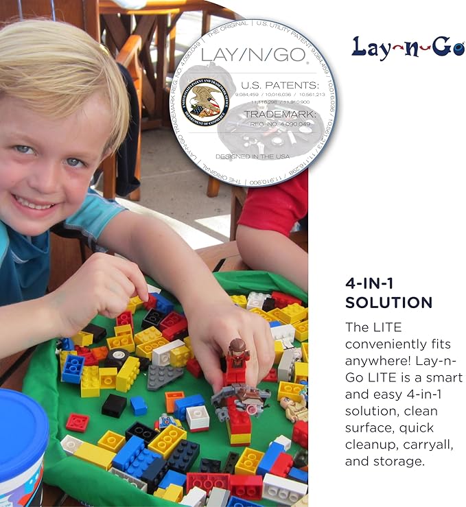 Lay-n-Go Layflat Portable Drawstring Cinch Storage Toy & Mini Figures Organizer & Play Mat, Mesh Pockets, Home & Travel, Kids & Toddlers Playdates, 2 Straps for Backpack, Durable, Machine Washable