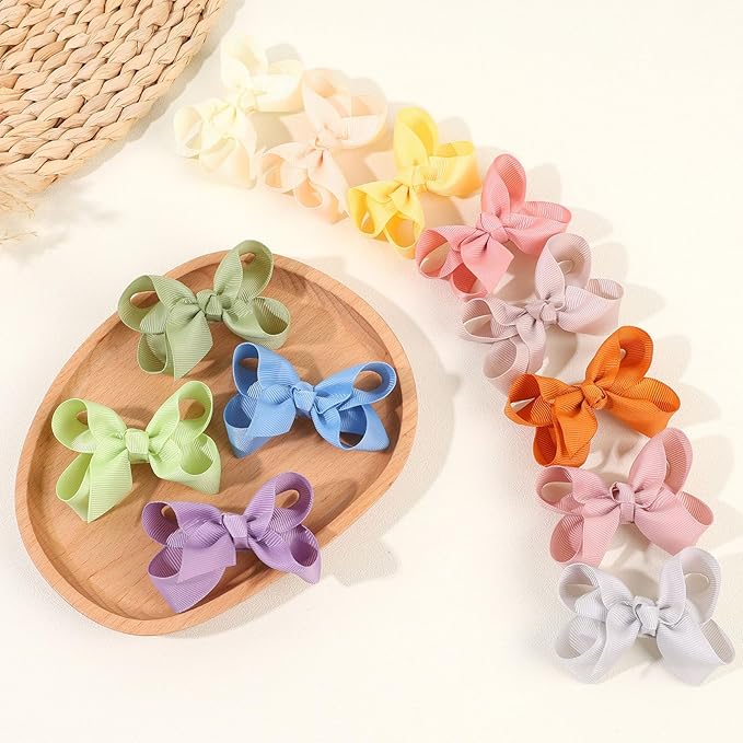 24PCS 3inch Hair Clips, Oaoleer Girls' Fully Lined Tiny Bows Alligator Clips for Infants Toddlers (12 Colors, Style H)