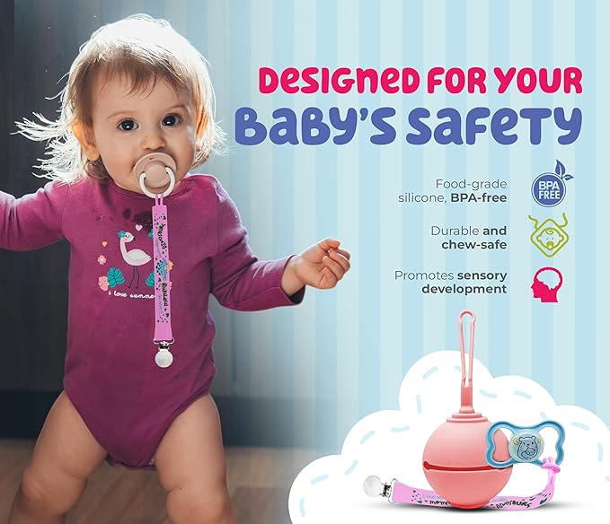 Pacifier Holder and Clip Set for Baby Girls – Pink & Purple | 2 Silicone Pacifier Clips + Case | BPA-Free Holder for 0–6 Month Babies