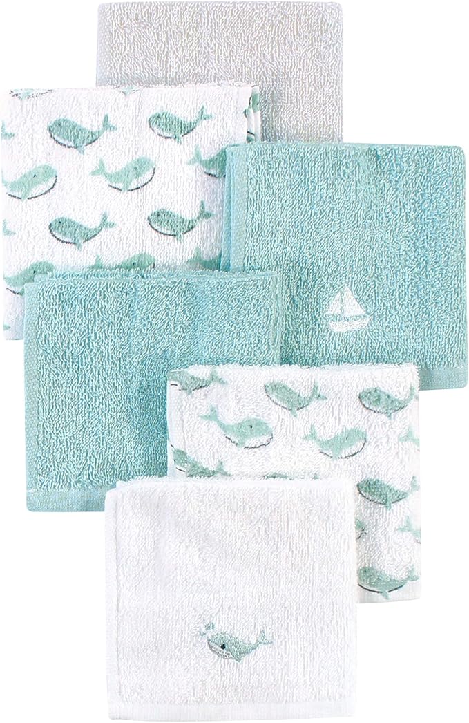 Luvable Friends Unisex Baby Super Soft Cotton Washcloths, Blue Whale, One Size