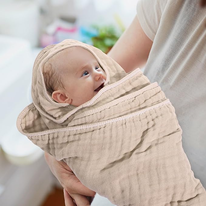 Peryiter 4 Pcs Muslin Hooded Baby Towels 32 x 32 Inch Cotton Newborn Bath Essentials Muslin Infant Blankets Absorbent Registry Gifts for Girl Boy Kids Baby Shower (Beige Series)
