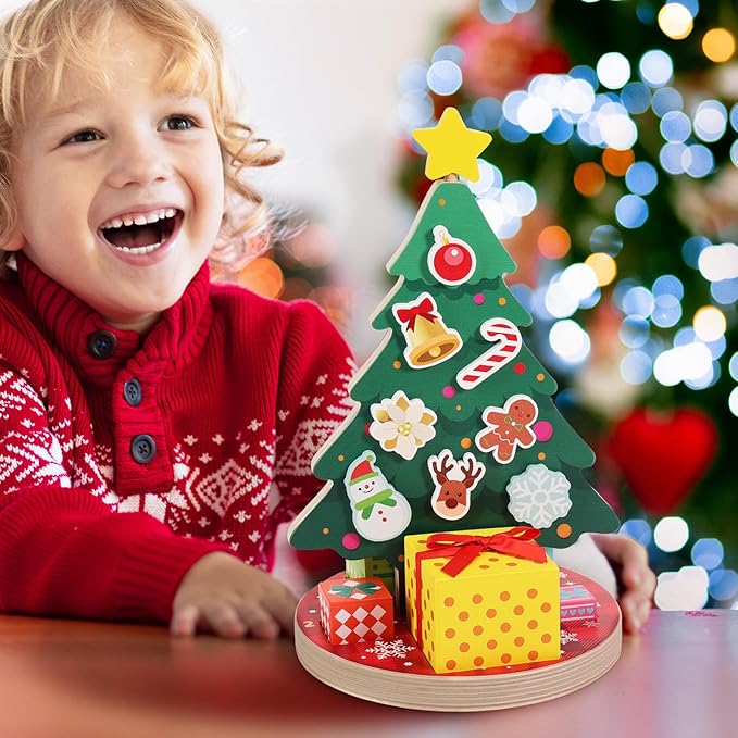 Woodtoe Magnetic Christmas Tree Toy for Toddlers, Montessori Toys for 3 4 5 6 Year Old, Wooden Color Sorting & Stacking Toys, Fine Motor Skills Sensory Toys, Christmas Decorations STEM Gifts for Kids
