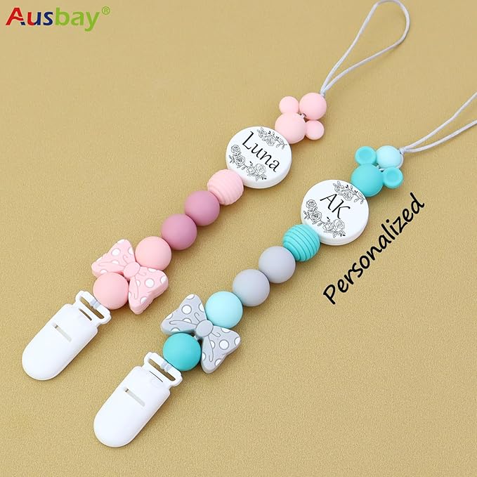 Customized Silicone Pacifier Clip,Pacifier Holder Sets for Boys and Girls, Personalized Adorable Mouse Pacifier Clips Fits for Most Pacifier, Baby Teethers, Baby Shower and Baby Gift (Black)