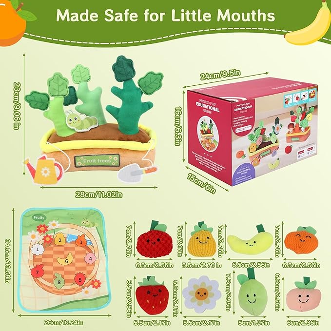 Plush Fruit Tree Toddler Learning Playset for 1 Year Old, Montessori Toys with Rattle Crinkle Textures Velcro, 10 PCS Play Food Toys Color Shape Number Matching Mat Fine Motor Skills Easter Baby Gifts