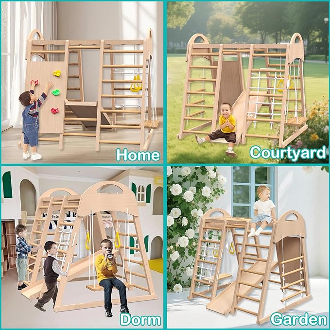 Indoor Playground, Wooden Indoor Jungle Gym for Kids, Toddler Climbing Toys with Stair Slide Swing Set Monkey Bars, Gym Equipment for Backyard, Outdoor Playset for Kids Aged 3-8 (9-in-1)