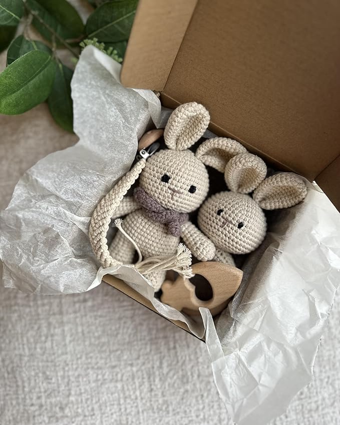 Generic Organic Cotton Handmade Crotchet Bunny Rattle, Toy, teether and Pacifier Holder Baby Shower/Birthday Gift Set., beige