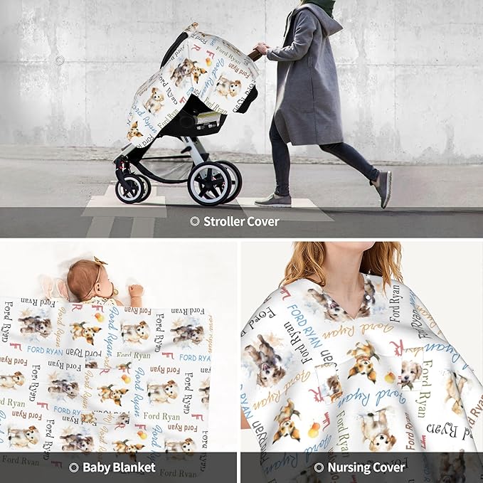 Custom Baby Car Seat Canopy Personalized Car Seat Covers with Name for Baby Boys Girls Customized Dog Nursing Breastfeeding Cover Infant Carseat Canopies Newborn Minky Baby Blanket