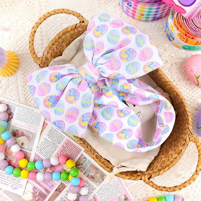 7” Large Baby Bows Easter Egg Bows Headbands for Girls Newborn Infant Elastic Tied Hairbands Bows Easter Cute Hair Accessories Gift Pink White Blue