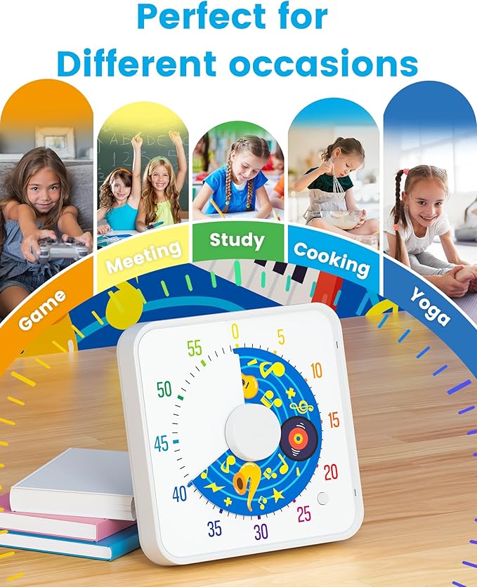 BellMan 8 Inch Large Visual Timer for Kids and Adults, Non-Ticking Visual Countdown Timers with 5 Music Alarm for Classroom Desk Countdown Clock with Magnetic Backing (White)