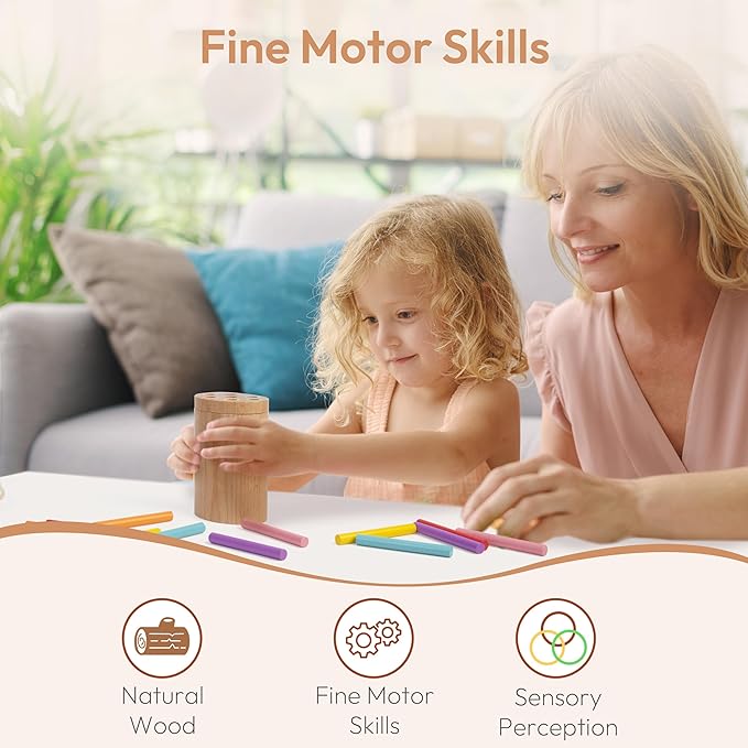 Woodtoe Montessori Sticks Toys for 1-3 Year Old, 18 Month Old Toys, 7 Colors Sorting Learning Toys for Toddlers, Wooden Sensory Toys, Fine Motor Skills, 1 2 3 Year Old Birthday Gift Toy for Boy Girl