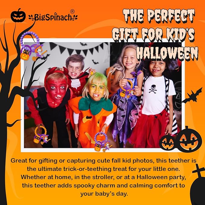 BIGSPINACH Halloween Teething Ring, Silicone Baby Teether with Witch and Cat Design, BPA-Free Infant Teething Toy, Easy to Hold,Safe for Babies and Toddlers (Colorful, Skull & Witch Hat) 2PC