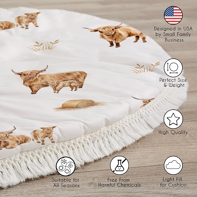 Sweet Jojo Designs Baby Play Mat (Boho Highland Cow) for Girls/Boys, Infant, Toddler Padded Floor Mat, Tummy Time Activity, Newborn Essentials Round Playmat for Babies (Farm Animal, Rustic Farmhouse)