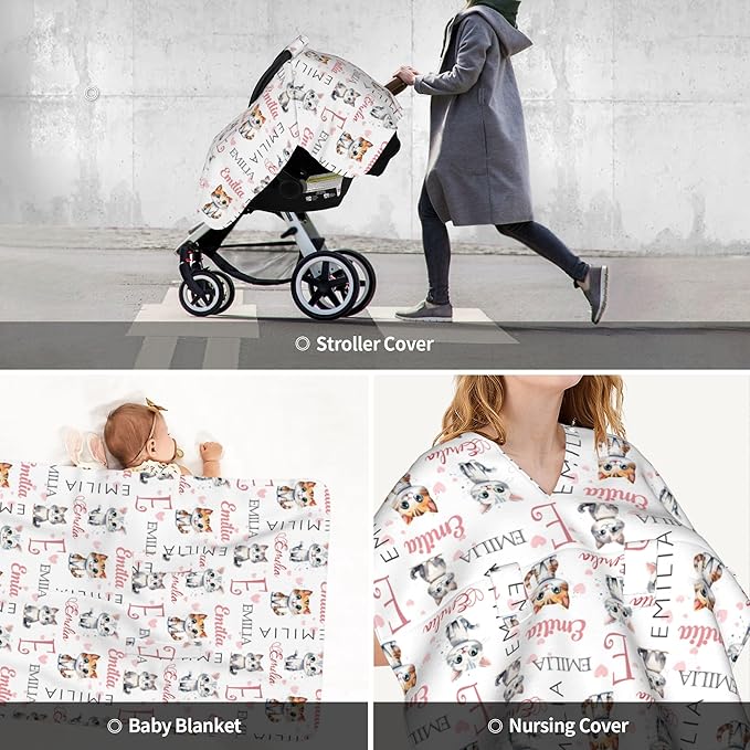 Custom Baby Car Seat Canopy Personalized Car Seat Covers with Name for Baby Boys Girls Customized Cat Nursing Breastfeeding Cover Infant Carseat Canopies Newborn Minky Baby Blanket