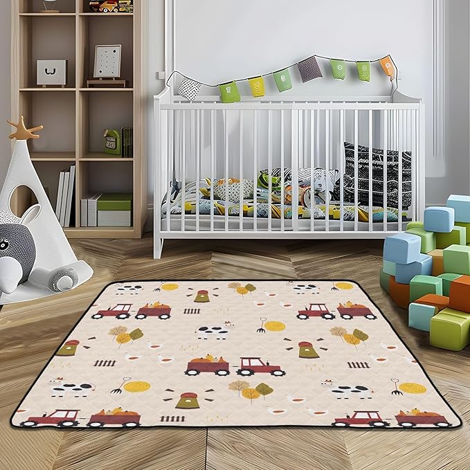 Baby Play Mat Cartoon Farm Cow Chicken Tractor 50 x 50 Playpen Mat Baby Play Mats for Floor Play Gym Crawling Mat Non-Slip Cushioned Baby Playmat for Infants, Babies, Toddlers