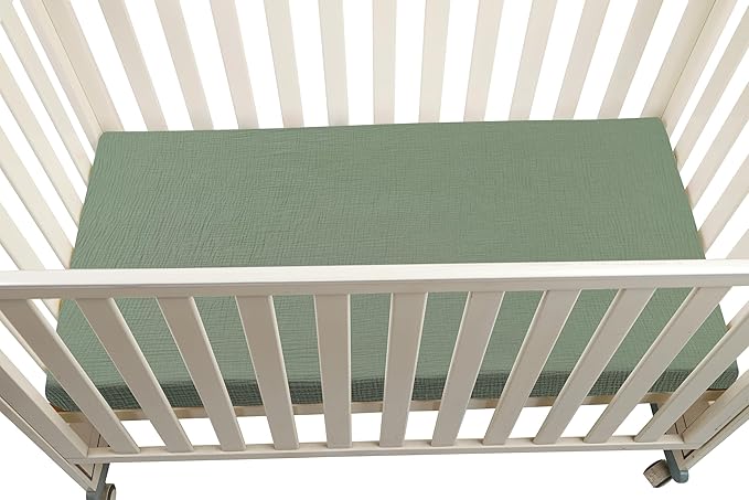 Onacosht Muslin Crib Sheets for Boys Girls, Soft Breathable 100% Cotton Baby Fitted Sheet 52" x 28" for Standard Toddler Crib Mattress, 2 Pack, Green and Leaf