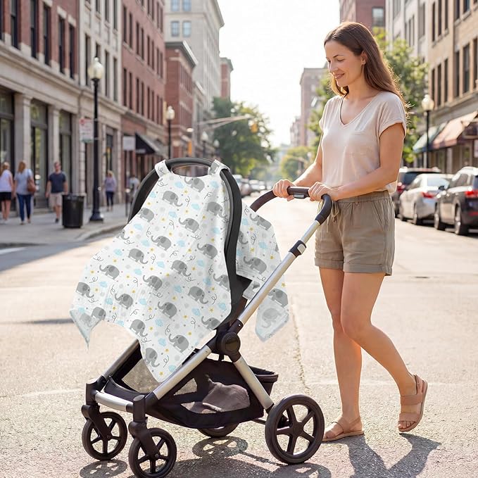 Car Seat Cover Baby, 100% Muslin Cotton Infant Car Seat Canopy, Universal Baby Car Seat Cover, Breathable Nursing Cover Canopy Shower Gift Gray Elephant