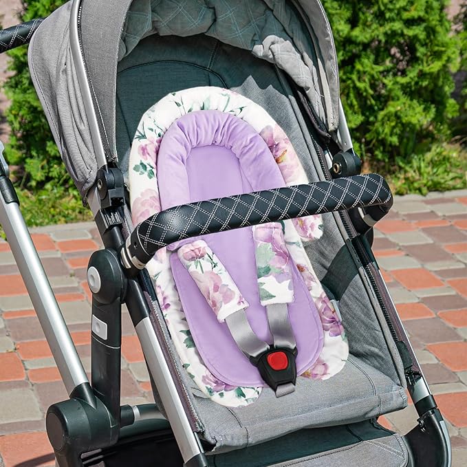 Infant Car Seat Insert, Baby Car Seat Head & Body Support with Strap Pads, Soft Newborn Preemie Carseat Insert Cushion for Girls Boys, Fits Carseat, Stroller, Swing, Bouncer, Purple Floral