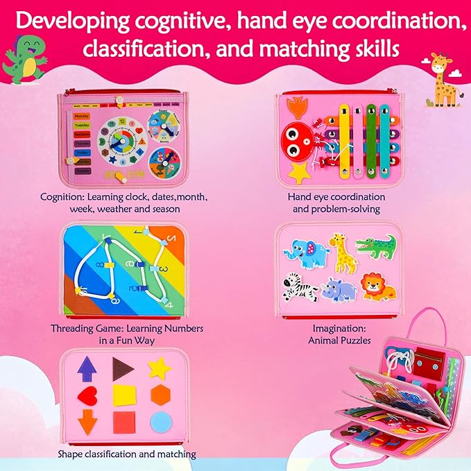 Montessori Busy Board for Toddlers – Sensory Busy Book with Buckles, Zippers, Letters, Animals, Toddler Activities – Fine Motor Skills Development Learning for Boys Girls Travel Activity