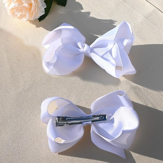 6 PCS 6" Hair Bows for Girls Alligator Clips Grosgrain Ribbon Solid Color Hair Accessories Toddler Bows for Girls Kids(White, 6 Count)