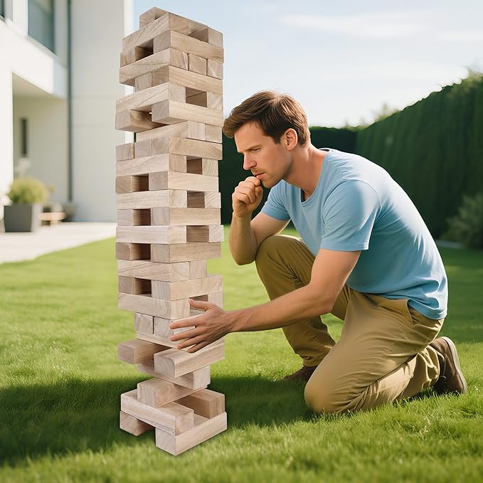 GOTHINK Giant Tumble Tower Game, Large Tumbling Tower Stacking to Over 5 FT 54pcs Wooden Jumbo Blocks for Outside Yard Games with Carry Case Timber Stacking Game Night Toy Gift for Kids Adults Family