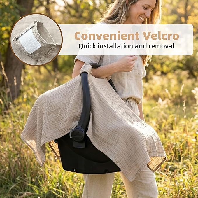Muslin Cotton Car Seat Cover Baby, Infant Car Seat Cover & Canopy, Universal Fit Stroller Cover for Boys & Girls, Breathable Sunshade Protection (Summer Wheat)