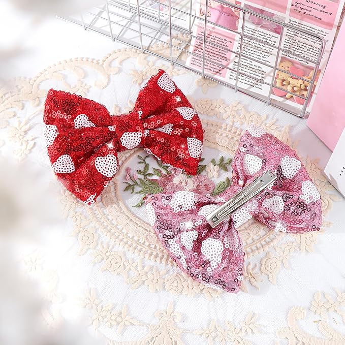 Valentine's Day 5 Inch Glitter Hair Bows Clips Large Sequins Bow Hair Clips Red Pink Love Heart Hair Barrettes Hair Accessories for Girls Children Kids 2Pcs