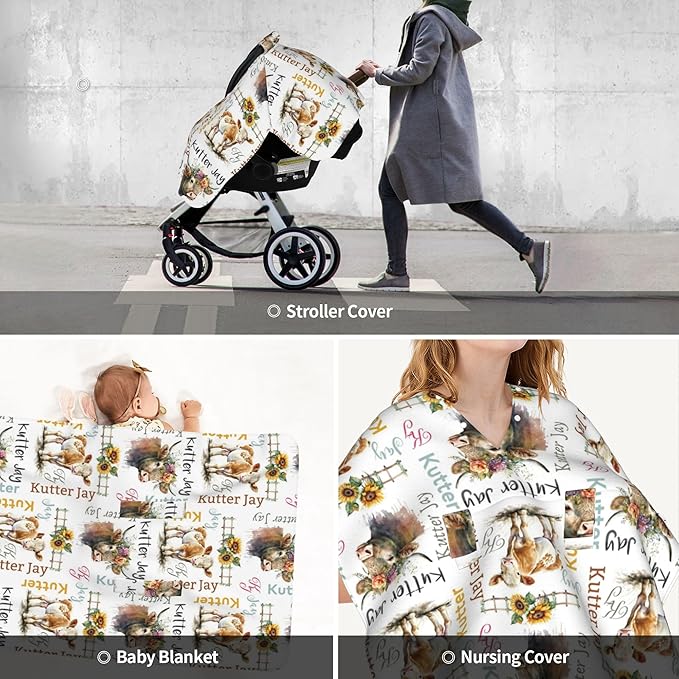 Personalized Winter Carseat Cover for Baby Custom Name Car Seat Canopy for Newborn Baby Boys Girls 2 in 1 Mom Nursing Breastfeeding Covers Cow Minky Baby Carrier Stroller Covers