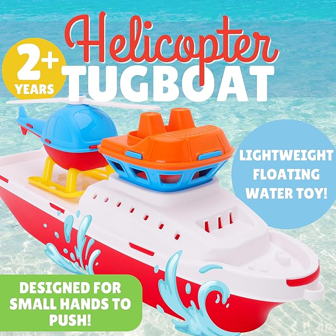 Toyland® 17" Floating Tugboat Bathtub & Pool Toy for Toddlers – Water Boat with Removable Helicopter, Durable Non-Toxic Kids Water Toy for Bath Time, Pool & Outdoor Play (Ages 2+)