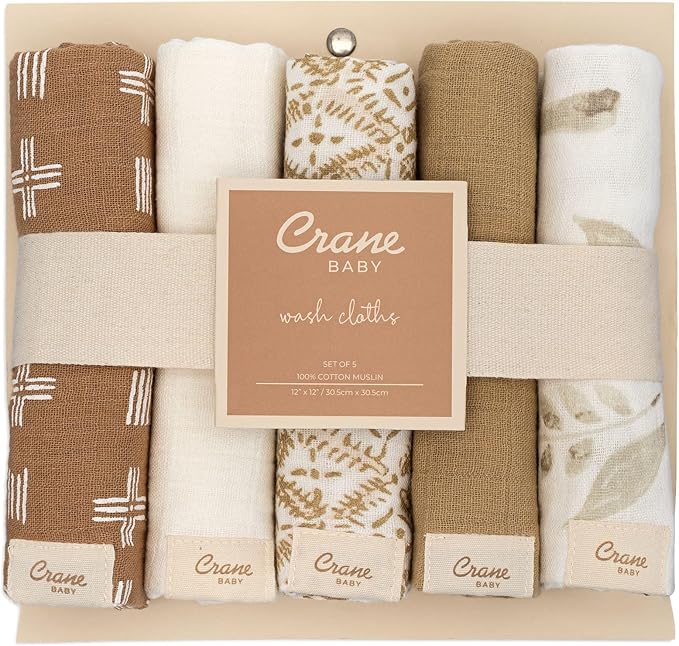 Crane Baby Wash Cloth Set, 100% Cotton Safari Animal Theme, Set of 5 Washcloths for Newborn, Muslin, Baby Registry Gift