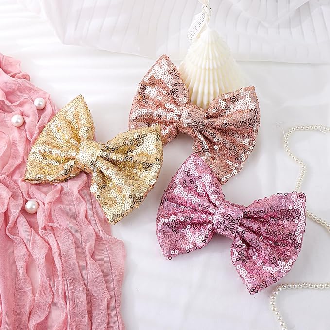 5 Inch Hair Bows for Girls Large Bows Alligator Hair Clip Sparkly Glitter Sequin Hair Bows Hair Accessories for Kids Toddler Children Gift Pink Gold