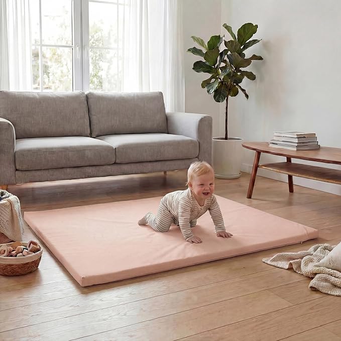 Huloo Sleep Baby Play Mat 50x50 Inches,1.3" Thick Padded Waterproof Floor Cushion & Playpen Mat with Vegan Leather,Non-Slip & Non-Toxic Nursery Rug for Infants, Toddlers & Kids(Pink)