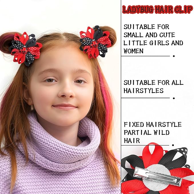 Ladybug Hair Bow Clips Cute Ladybug Hair Bows Hair Barrettes Red Black Polka Dot Bows Hair Pins Animal Lady Bug Hair Accessories for Girls Toddlers Kids Teens Spring Halloween Party Supplies