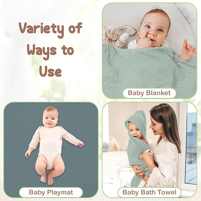 100% Organic Cotton Muslin Baby Hooded Towels - 32x32 Inch, 2 Pack Newborn Bath Towels for Boys & Girls, Soft & Absorbent Bath Set (Green/Mint Green)