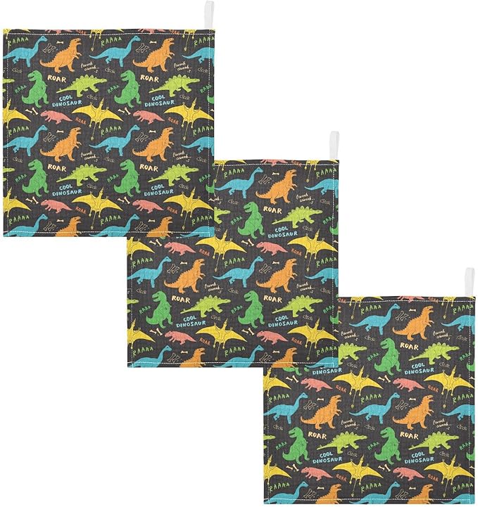 vvfelixl Baby Washcloths Cotton Colored Dino Dinosaurs Baby Muslin Washcloths Soft Baby Face Towel for Newborn Infants, 11.8 X 11.8 Inch, 3 Pack Black