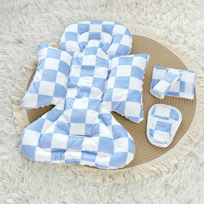 DILIMI Infant Car Seat Insert, Baby Car Seat Head Support with 3 Strap Paddings, Soft Newborn Car Seat Cushion for Stroller, Swing, Bouncers, Blue Checkered