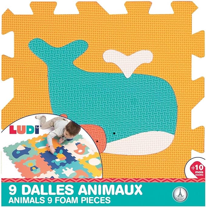 LUDI Animal Rug - Giant Puzzle - 9 Foam Tiles - From 10 Months - Awakening Baby - Develops Wellbeing, Touch, Discovery and Reflection - 90 x 90 x 1.2 cm