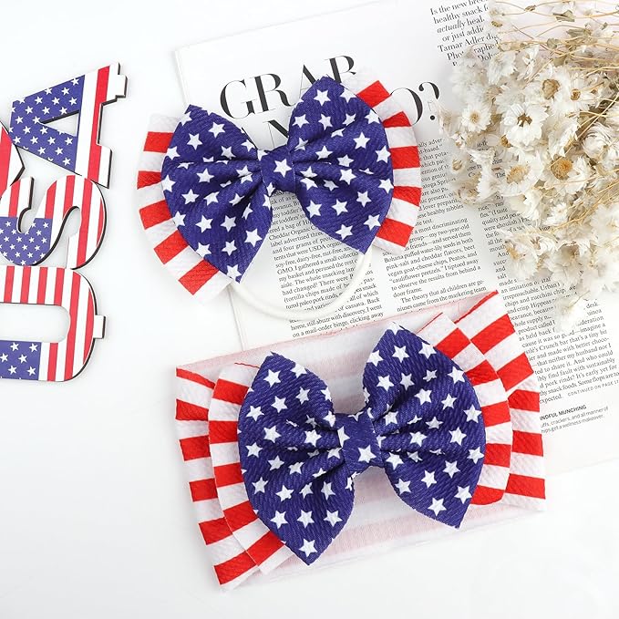 YanJie 4th of July Hairband - Baby Girl Headbands with Multicolor Printed Nylon Elastic Hair Bow Headband for Baby Girls Infant (2 Count, Pack of 1)